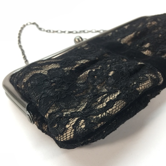 Ann Taylor Loft Clutch Purse Black Lace and Tan with Chain Strap - Picture 3 of 7